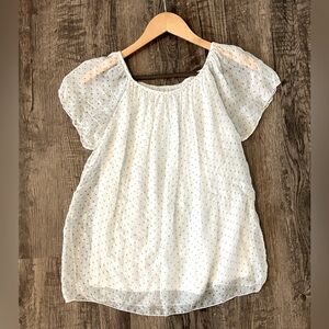 SS Wide Neck White Silk Top with Polka Dots